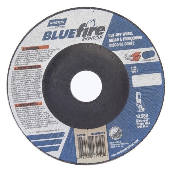Norton Co Type 27 charger Right-Cut Cut Off Wheels 4-1/2in. x.045 x 7/8in. New Blue Fire 662528-43219 - main